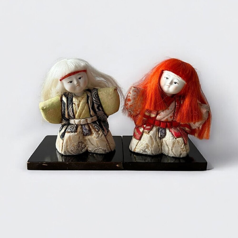 Vintage Japanese Kimekomi Dolls, Renjishi , A pair (white and red hair)